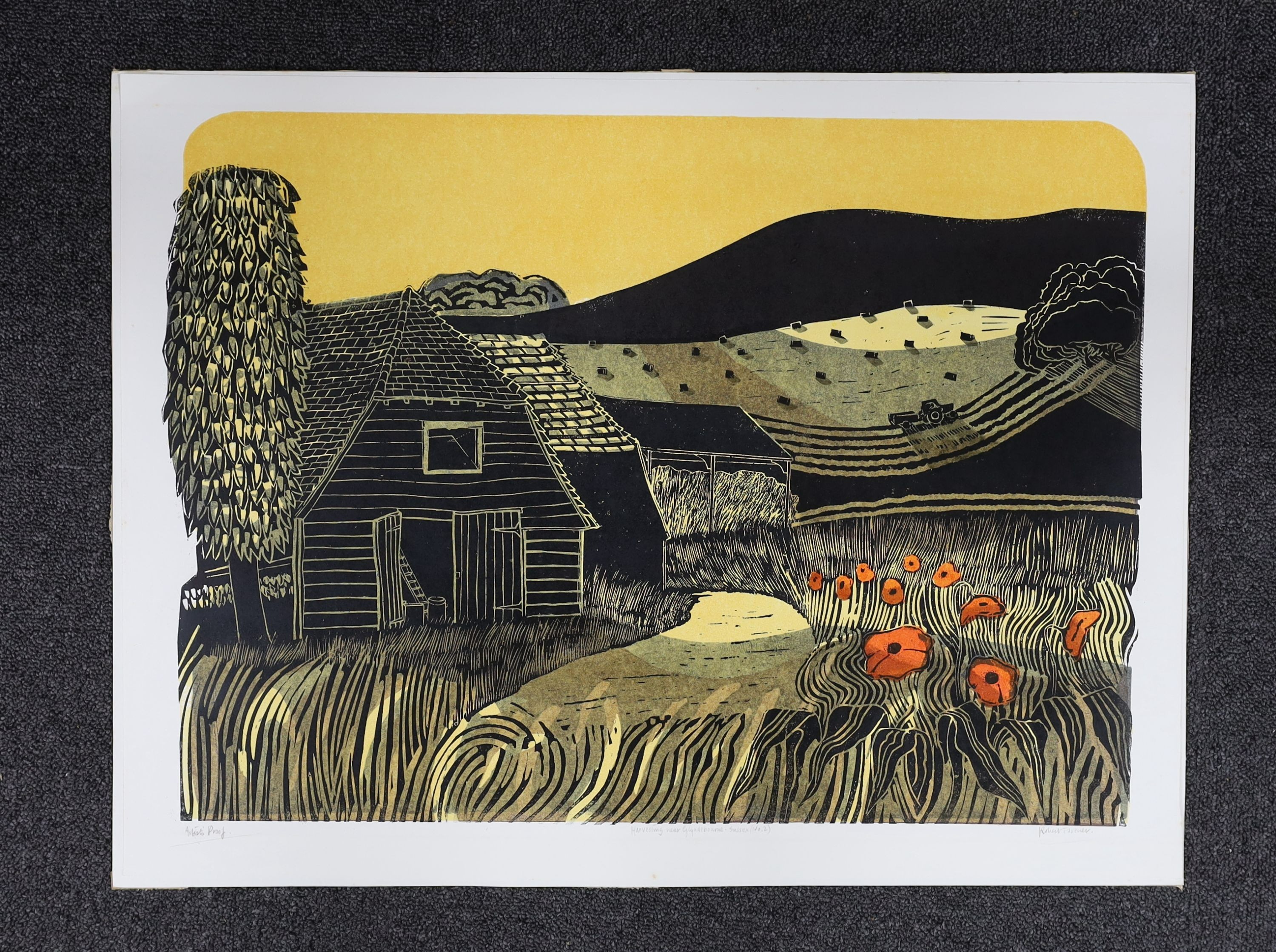 Robert Tavener (1920-2004), artist proof print, 'Harvesting near Glyndebourne - Sussex No.2', signed in pencil, 50 x 66cm, unframed